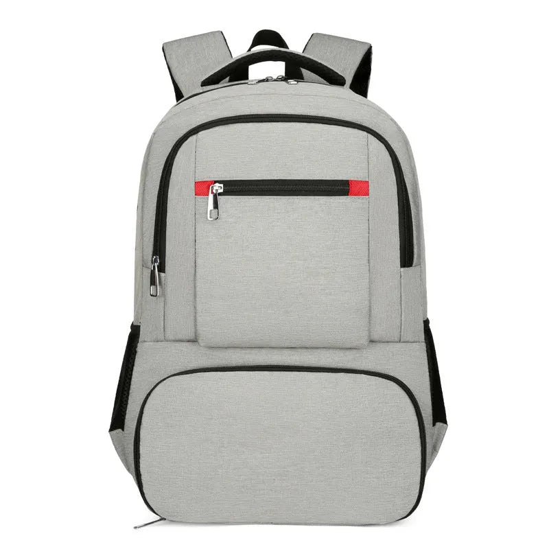 Light grey Oxford cloth insulated backpack with curved shoulder straps and pull rod belt