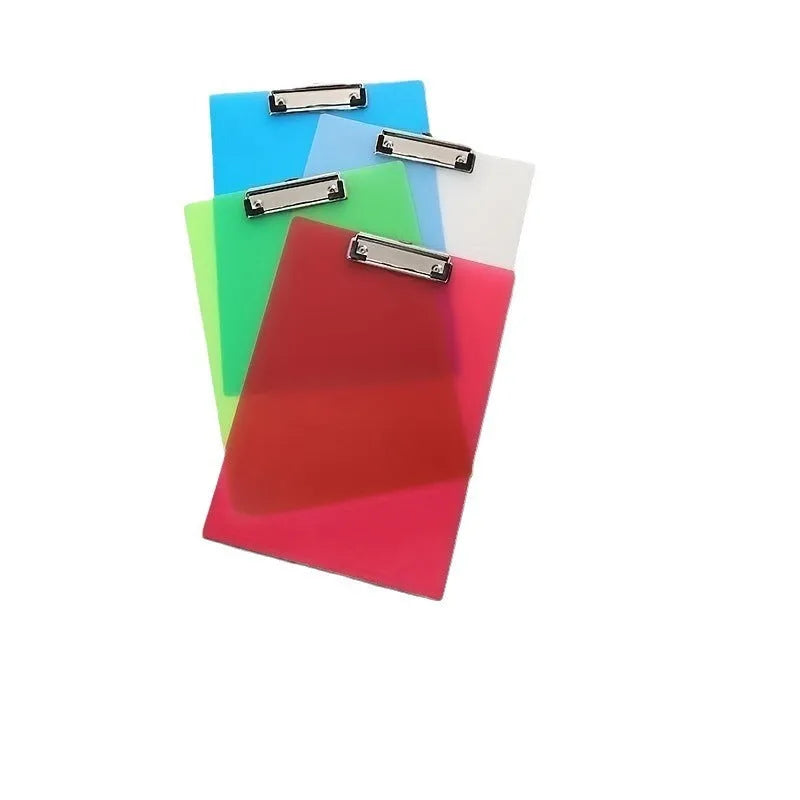 Transparent A4 plastic writing board pad with a silver metal clip, shown in blue colour.