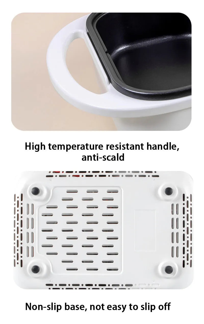 White or green dual-function electric caldron and frying oven appliance for 2-3 people.