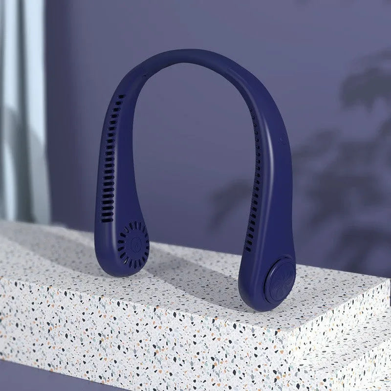 White USB rechargeable bladeless neck fan showing adjustable speed buttons and flexible neckband