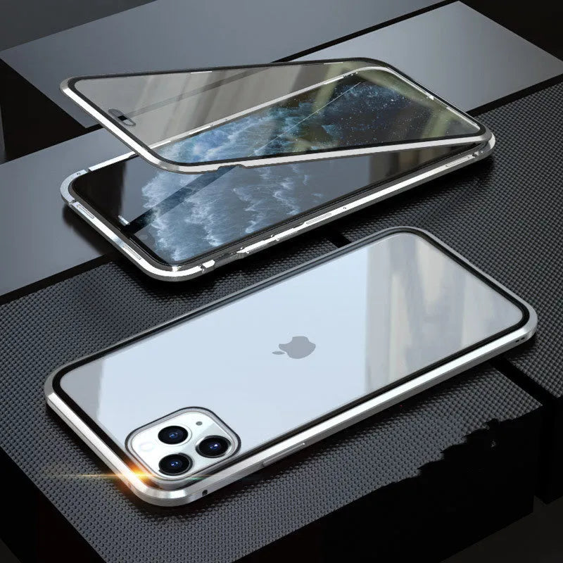 Clamshell anti-spy phone case in six colours showing tempered glass construction for iPhone privacy protection