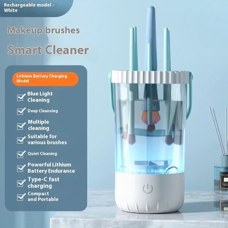 White rechargeable electric cleaning brush for makeup tools with USB-C charging cable