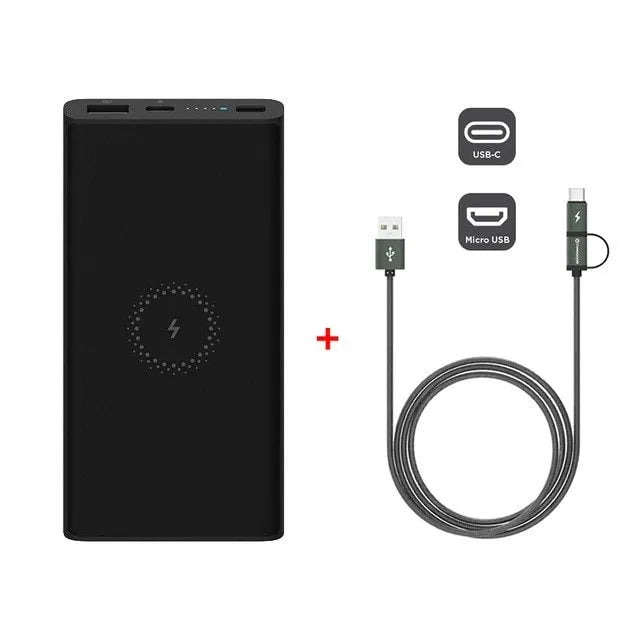 Black and white 10000mAh power bank with wireless charging and USB Type-C port
