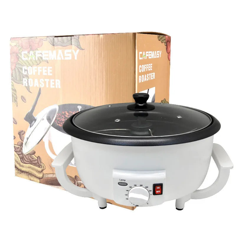 White oblate coffee bean roasting machine with 225mm pot bottom for 750g batch capacity