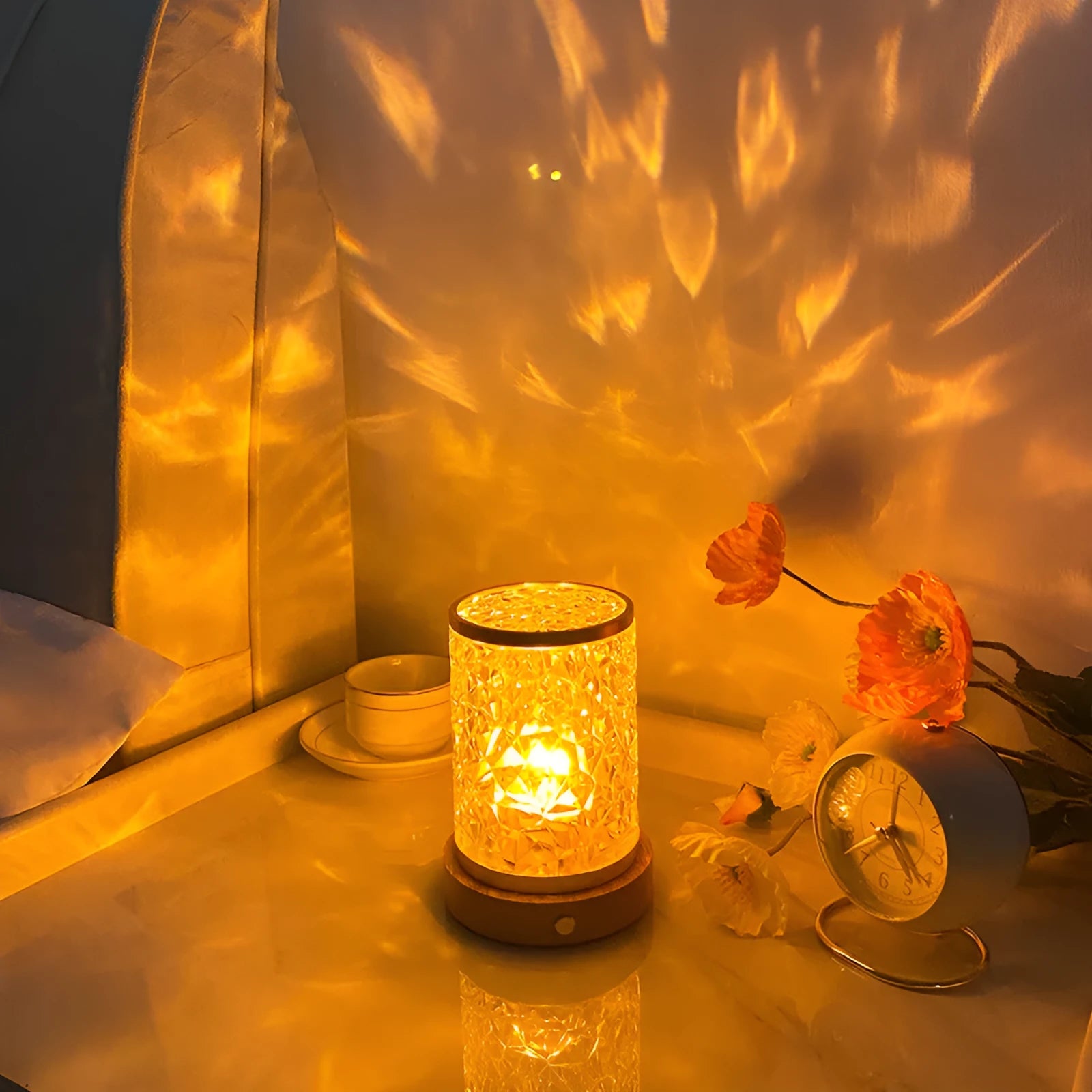 Rotating water ripple night light with wooden base showing dimensions of 9.5x14.5x10.5cm