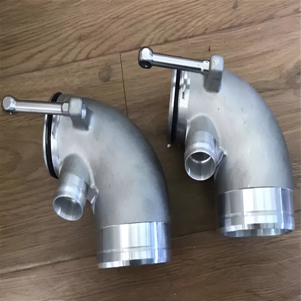 Aluminium alloy 90 degree turbocharger elbow pipe for transverse engine mounting