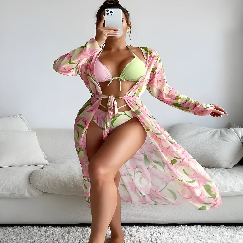 Women's printed bikini swimsuit in quick-dry polyester fabric, showing style from product picture.