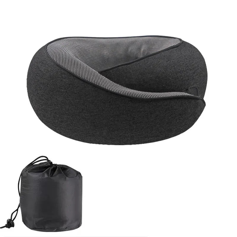 Grey U-shaped memory foam travel neck pillow with a storage bag.