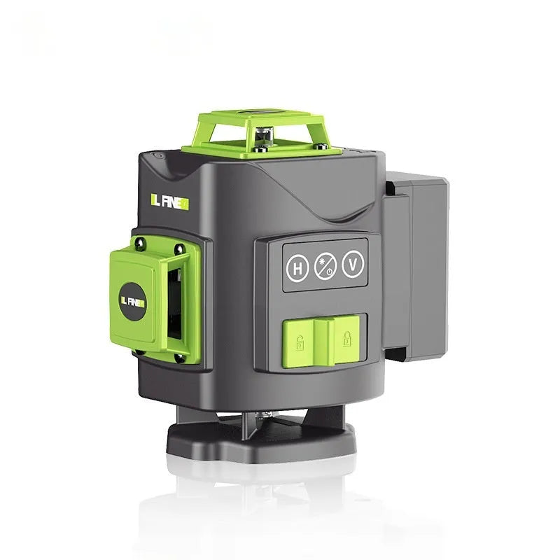 16-line 3D green laser level with aluminium and nylon construction measuring 11×13.5×13.5cm