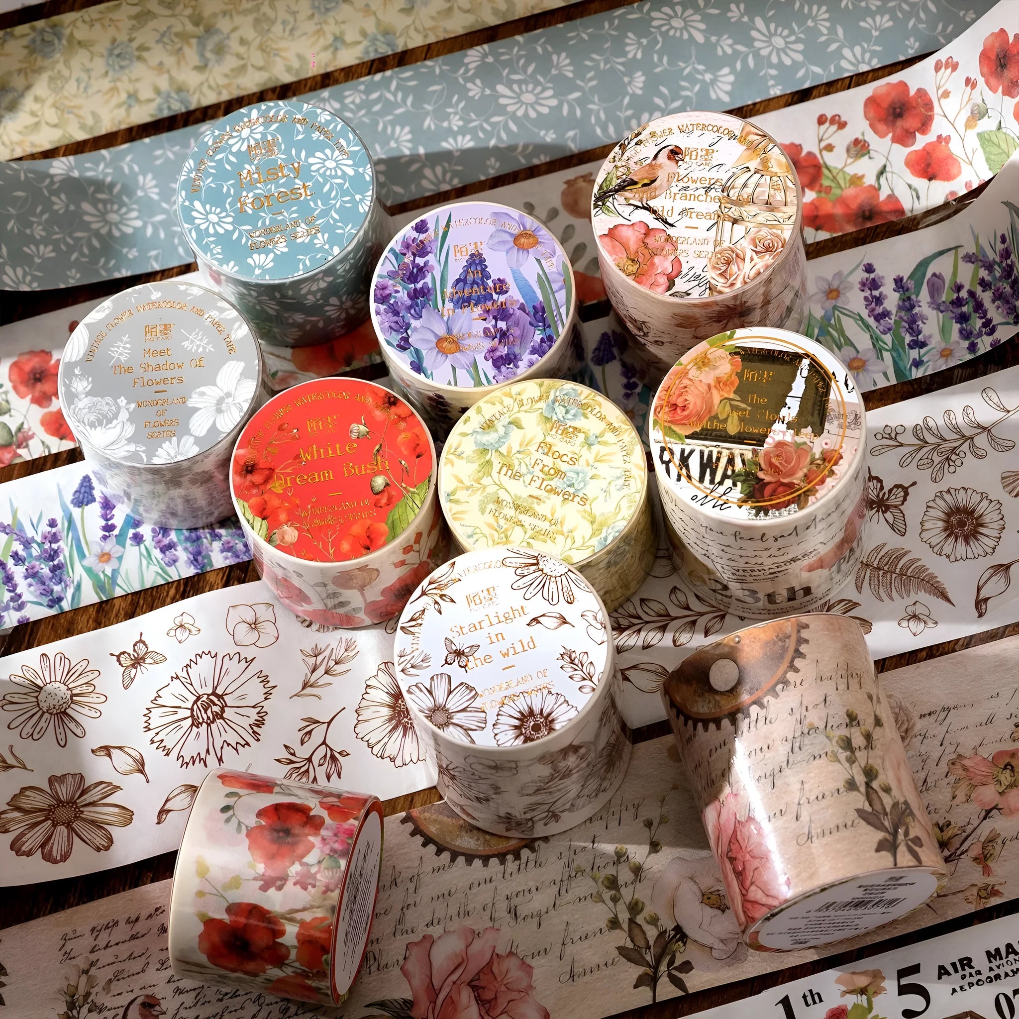 Roll of vintage floral watercolour decorative paper tape with Japanese paper base, showing 2m length.