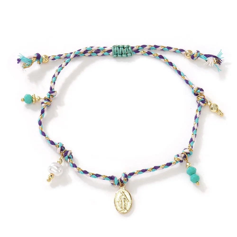 A colourful hand-woven braided rope bracelet for women in an ethnic strap tag style.