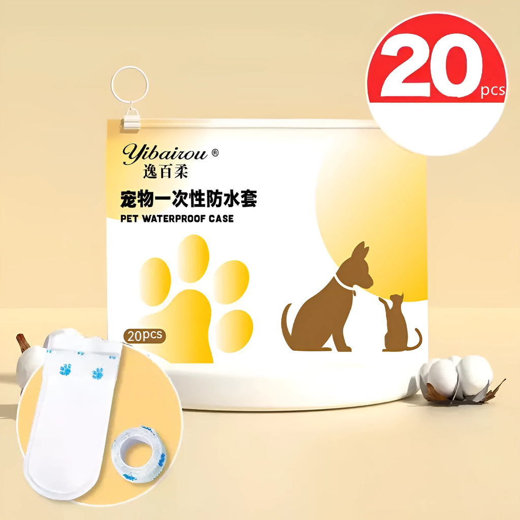 White disposable waterproof shoe covers for small and medium dogs on a non-slip surface.
