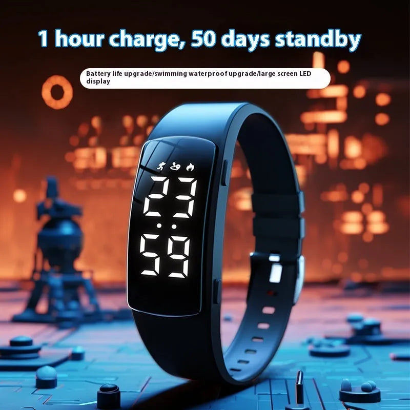 Black vibration alarm smart watch with LED display on a silicone strap, showing 50m waterproof rating.