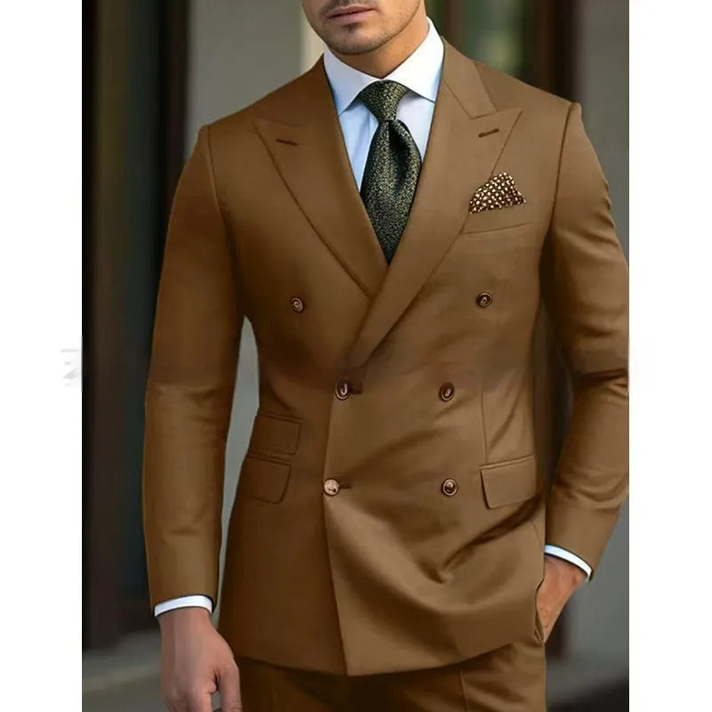 Men's brown two-piece business suit with regular cut on a hanger
