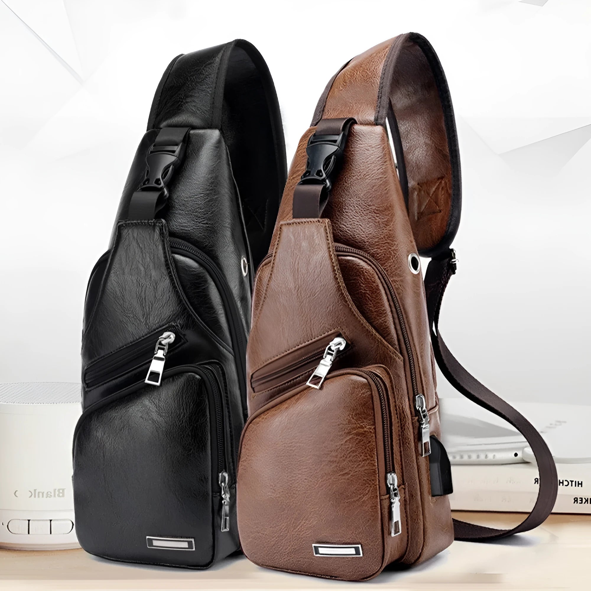 Waterproof one-shoulder messenger bag in black PU fabric, 17x35x6cm, with main and secondary pockets