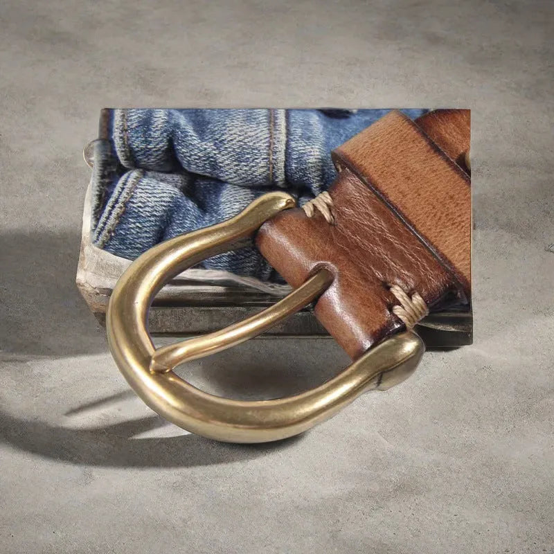 Men's casual jeans belt in cattlehide leather with copper pin buckle in black, brown, or khaki.