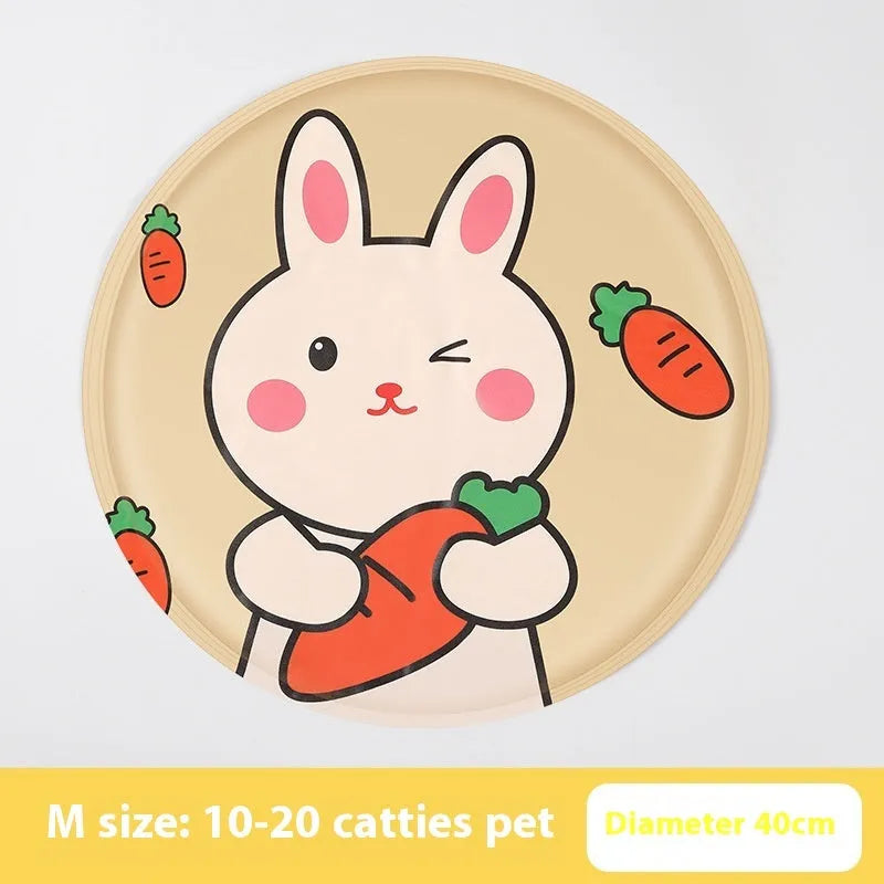 Round cloth pet cooling mat with cartoon bunny design, shown in beige colour.