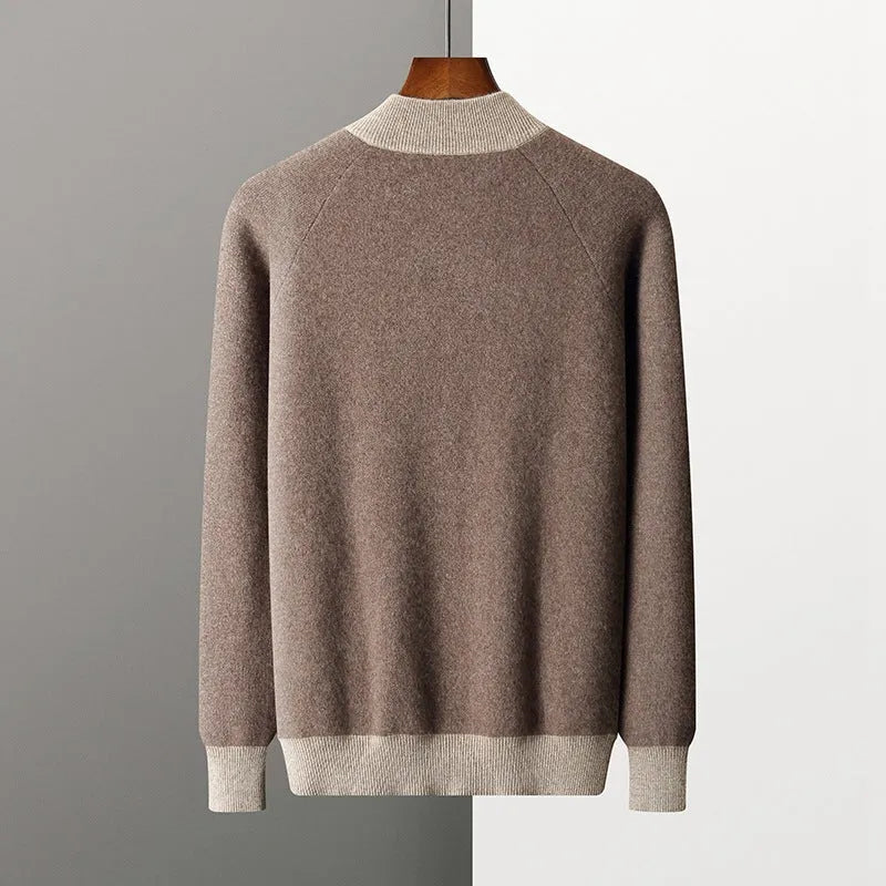 Men's cashmere wool blend cardigan suit with half turtleneck zipper in camel colour
