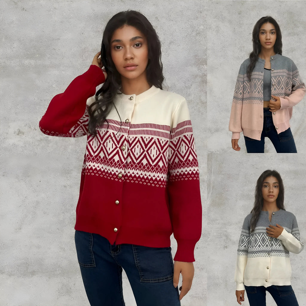 Women's red alpaca wool cardigan with diamond knit pattern and contrast colour detailing