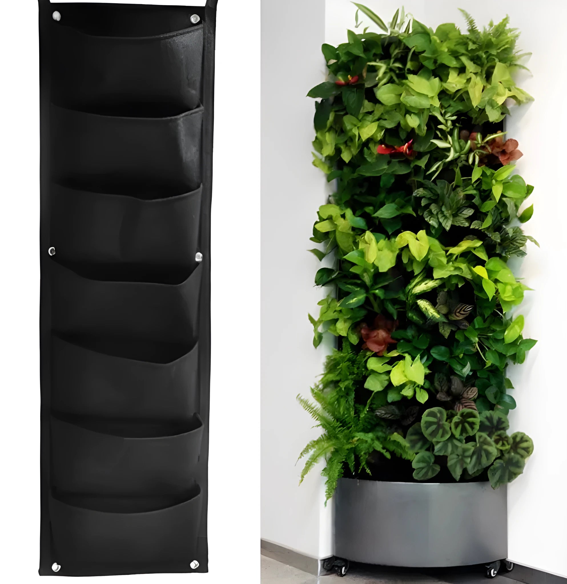 Vertical felt wall garden planter with 18 planting pockets hanging on outdoor wall