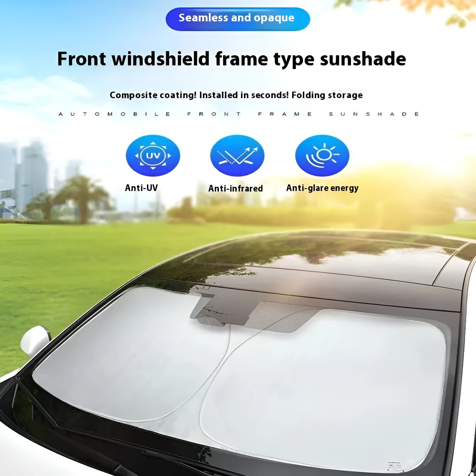 Titanium silver aluminium foil car sunshade showing reflective surface and folded storage