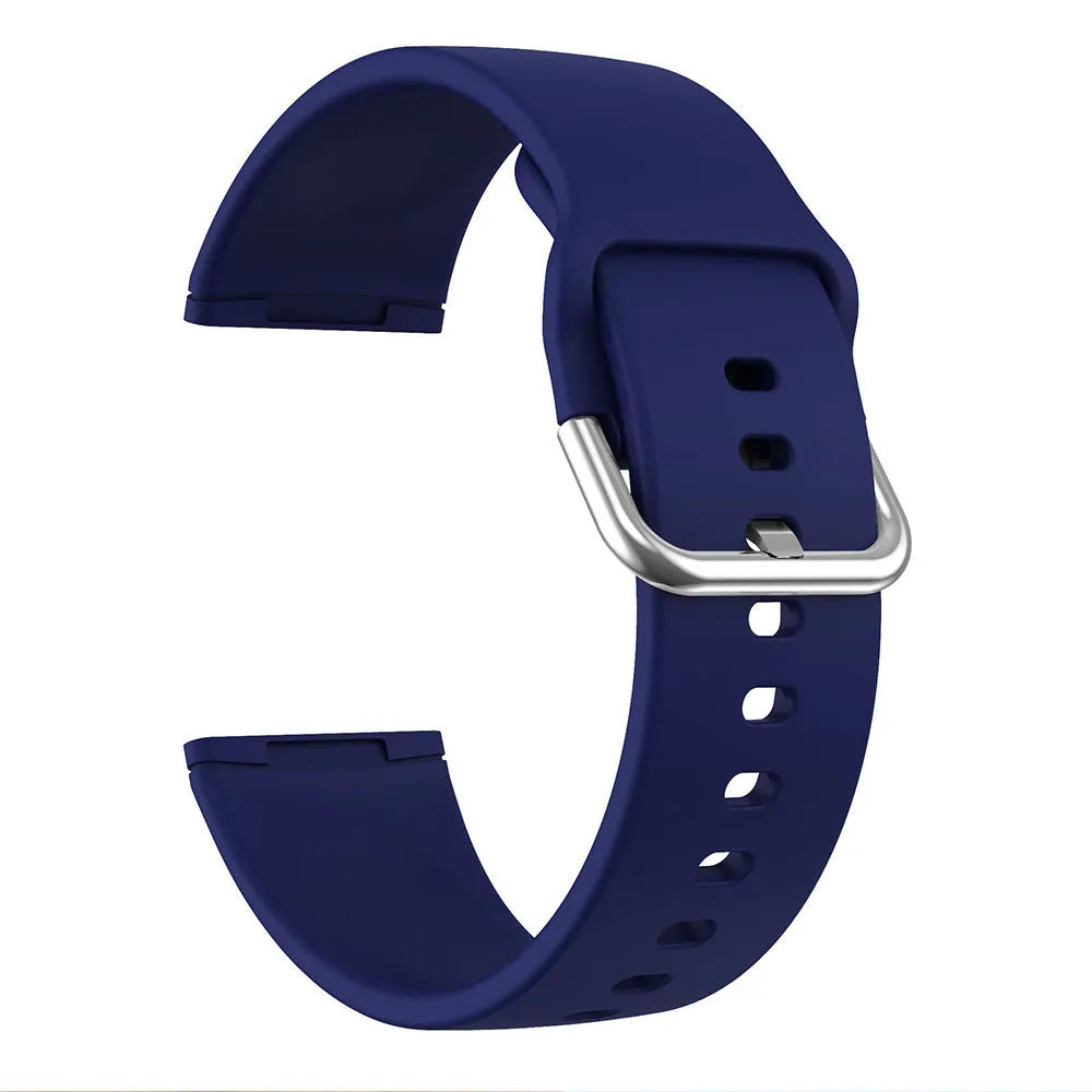 Silicone replacement strap with silver buckle for Fitbit Versa 3 and Sense 2 in multiple solid colour options.