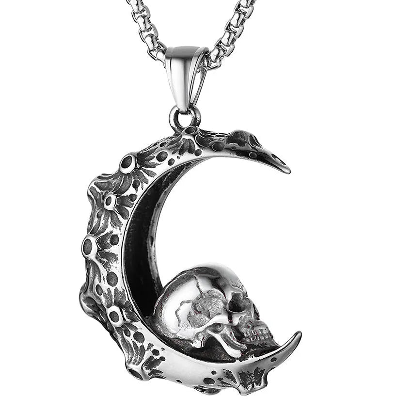 Men's silver skull necklace with stainless steel chain and alloy pendant