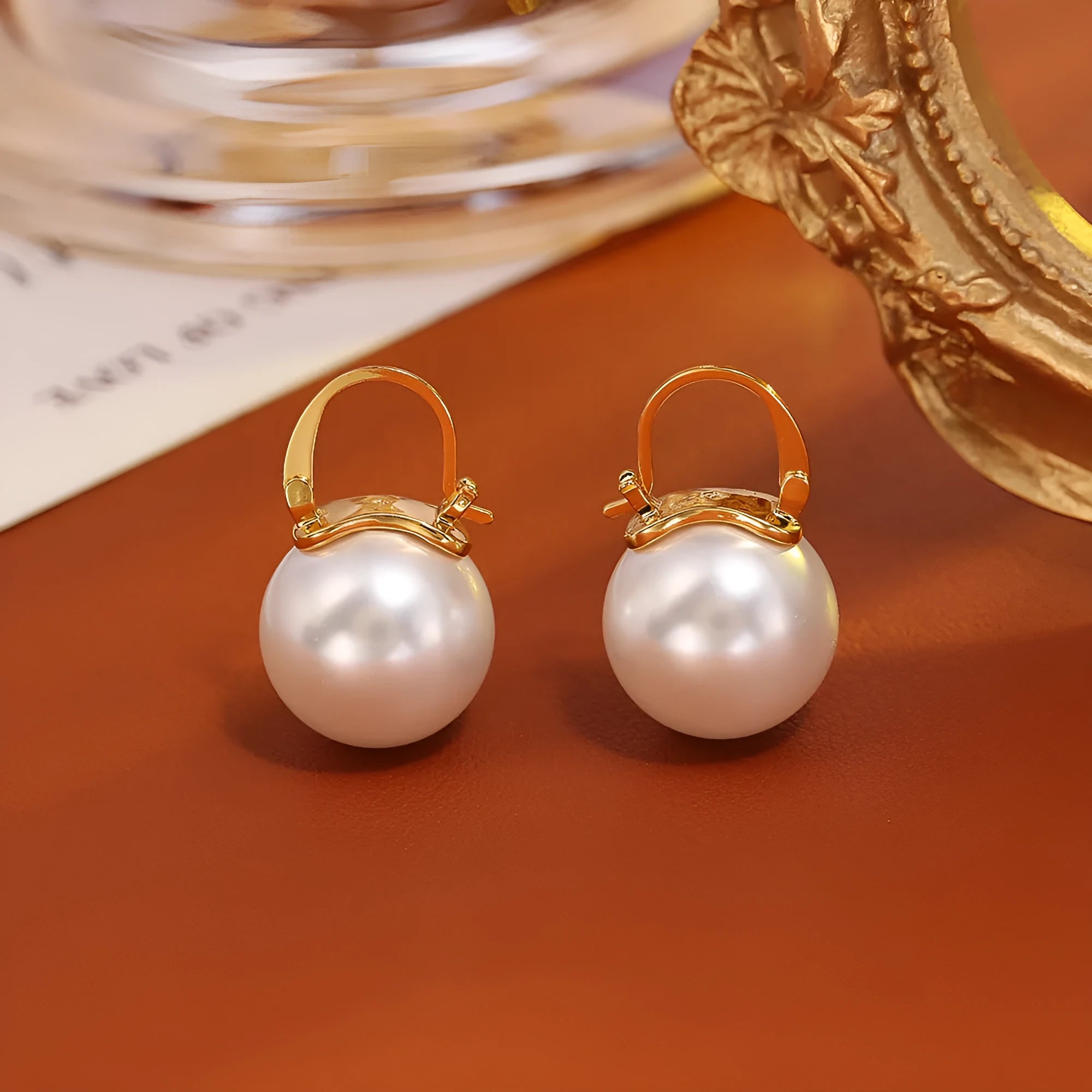 Women's real gold plated round pearl earrings on copper base