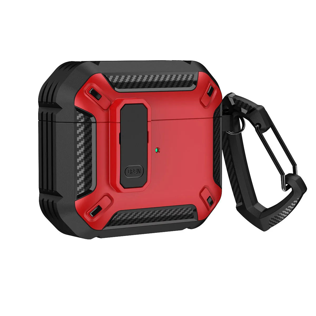 Two-tone plastic clamshell protective case for AirPods with a hook accessory.