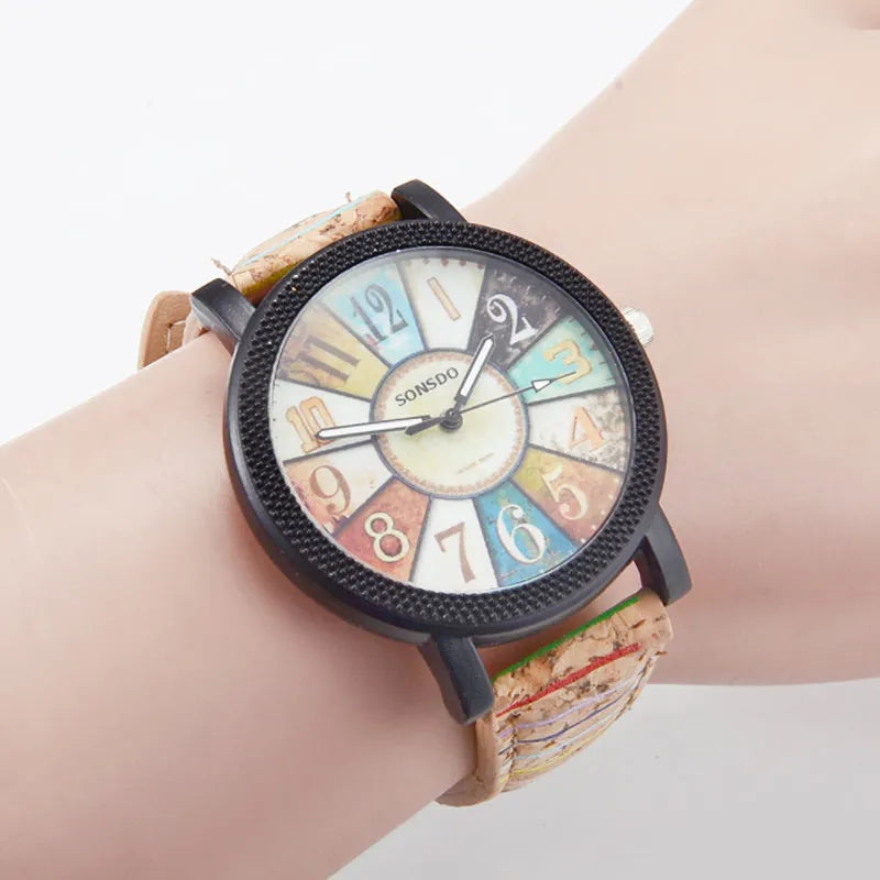 Women's vintage leather quartz wrist watch with 37mm round dial and stainless steel buckle