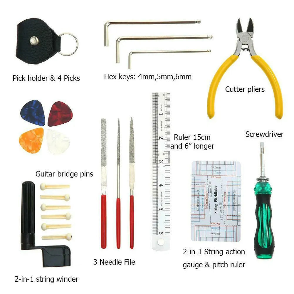 Black plastic guitar repair tool kit case with metal maintenance tools for string instruments