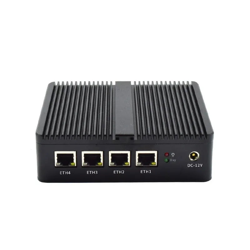 Industrial fanless mini-host measuring 13.6 x 12.7 x 4 cm with quad-core processor and dual-network ports