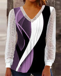 Purple loose V-neck top with hollow-out lace print and long sleeves