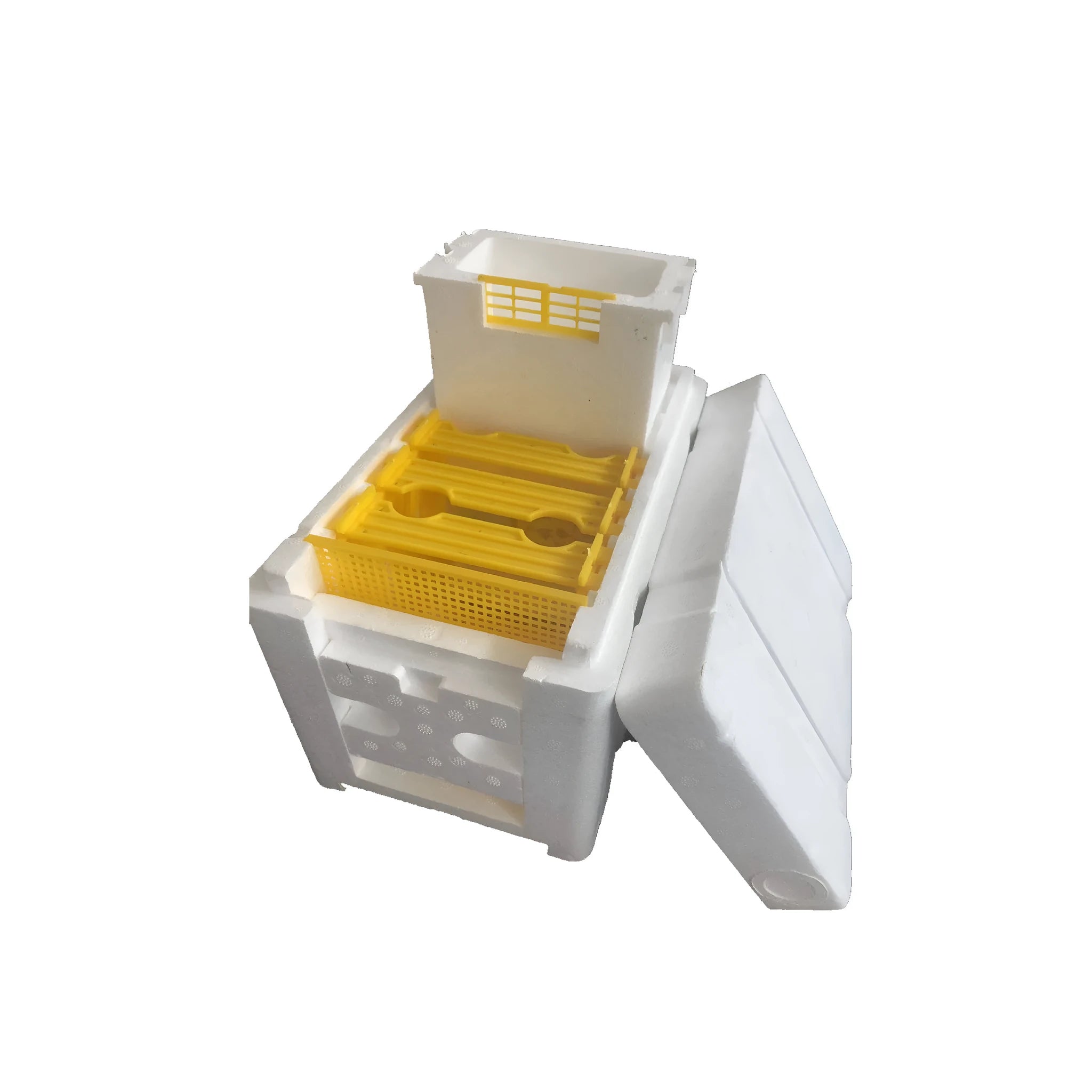 Three white EPS foam bee delivery boxes measuring 110x110x80mm for queen introduction and colony management