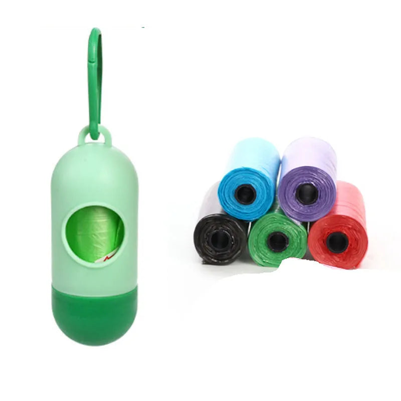 Roll of handled dog poop bags in assorted colours showing dimensions of 22.5 by 30 centimetres