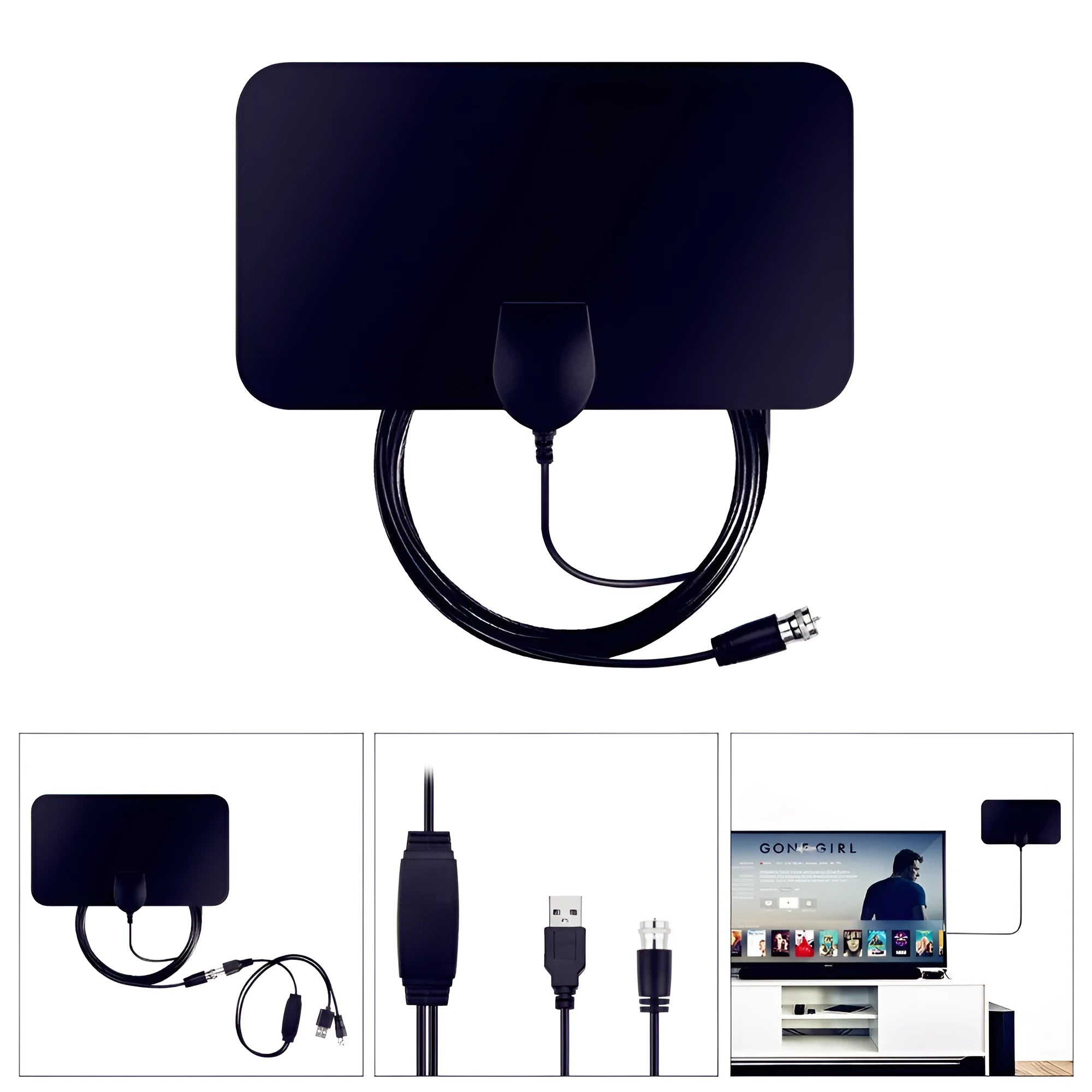 Digital HD indoor TV antenna black 210x120mm with coaxial cable