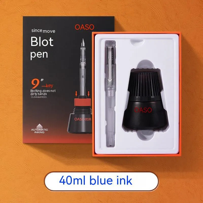 Automatic suction pen set with plastic shell, two nib sizes, ink feeder and handbag