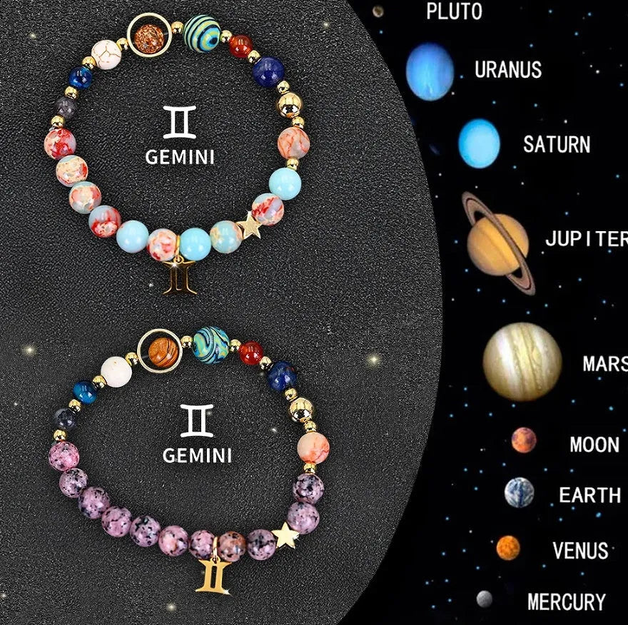 Twelve zodiac sign natural stone bead bracelets with astrology charms