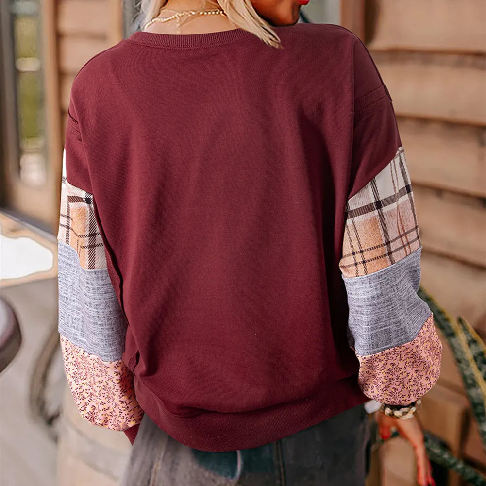 Women's plaid stitching long-sleeved loose top in apricot colour