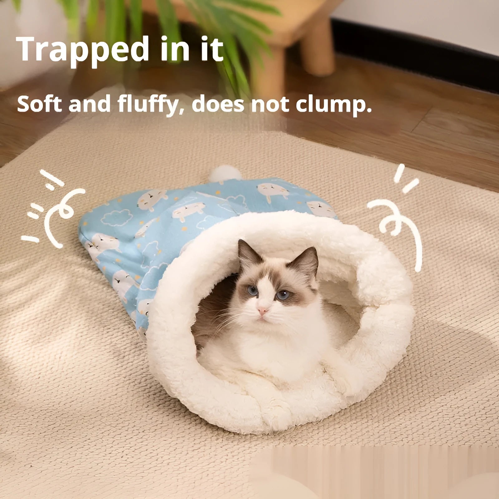 Flannel cat sleeping bag bed measuring 50 by 40 centimetres in three colour designs
