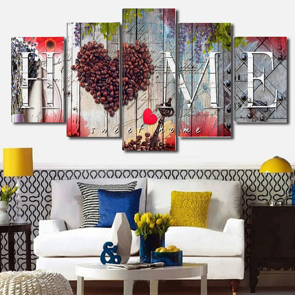 Set of five unframed red abstract canvas panels arranged as wall art display