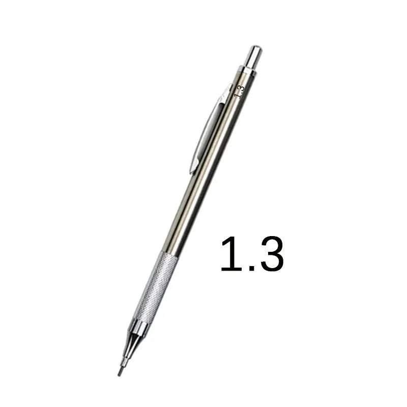 Metal automatic mechanical pencil showing barrel detail and lead size options from 0.5mm to 2.0mm