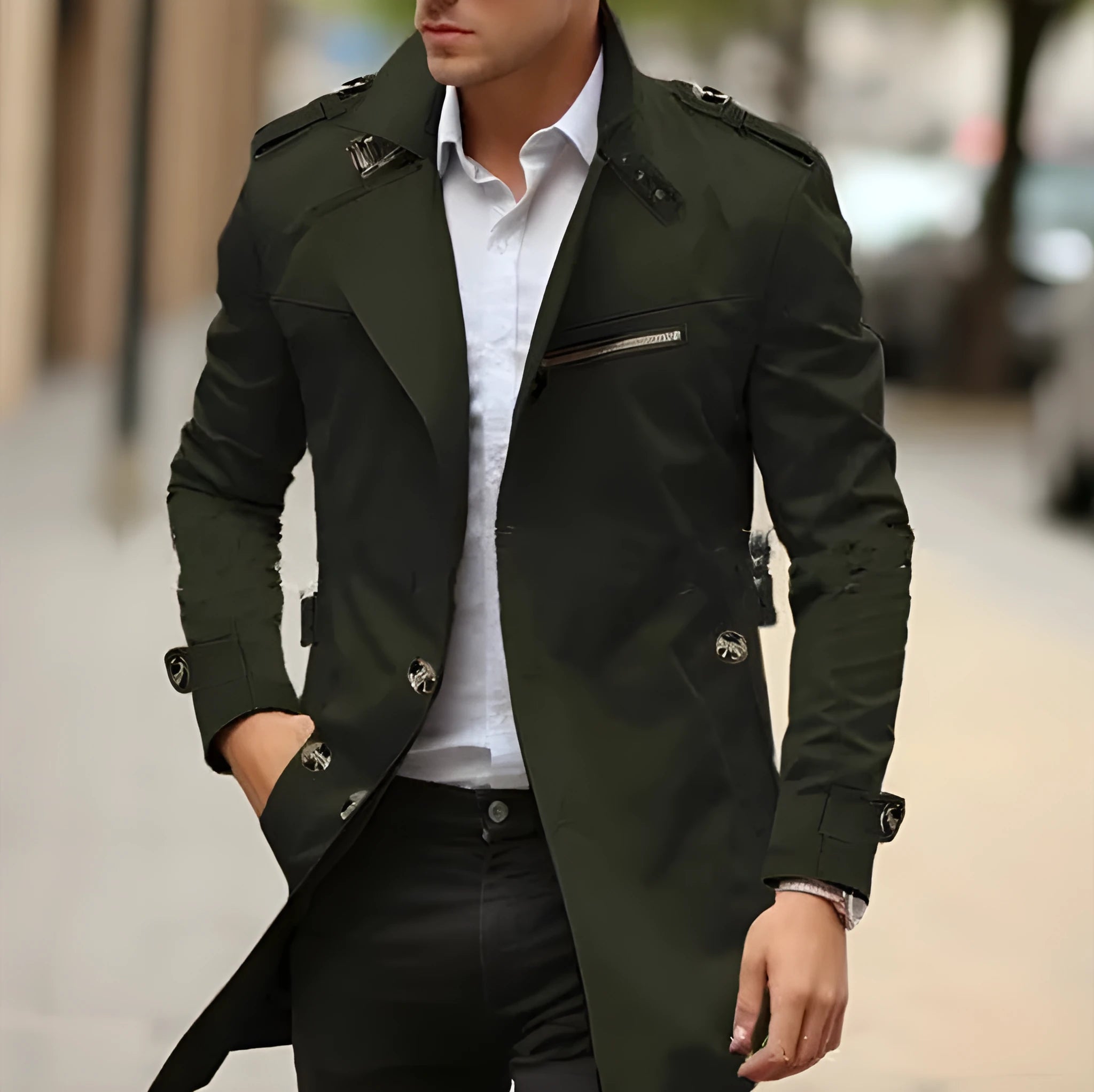 Plus size men's mid-length casual lapel jacket in army green, shown on a model.
