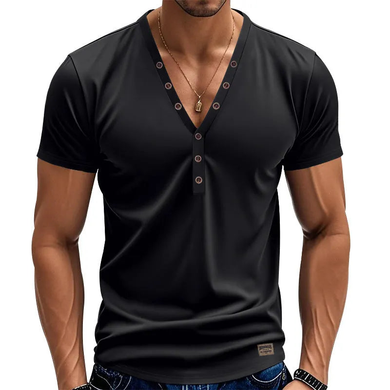 Men's loose solid-colour V-neck top with button detail on a hanger.