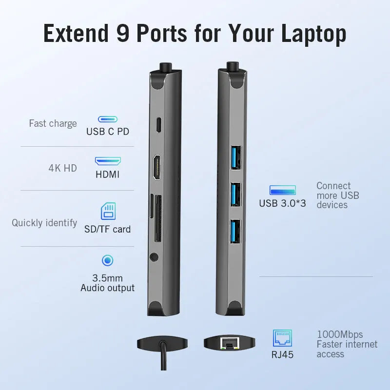 Deep grey USB-C hub converter with HDMI, USB 3.0, Ethernet, and memory card ports showing aluminium alloy construction