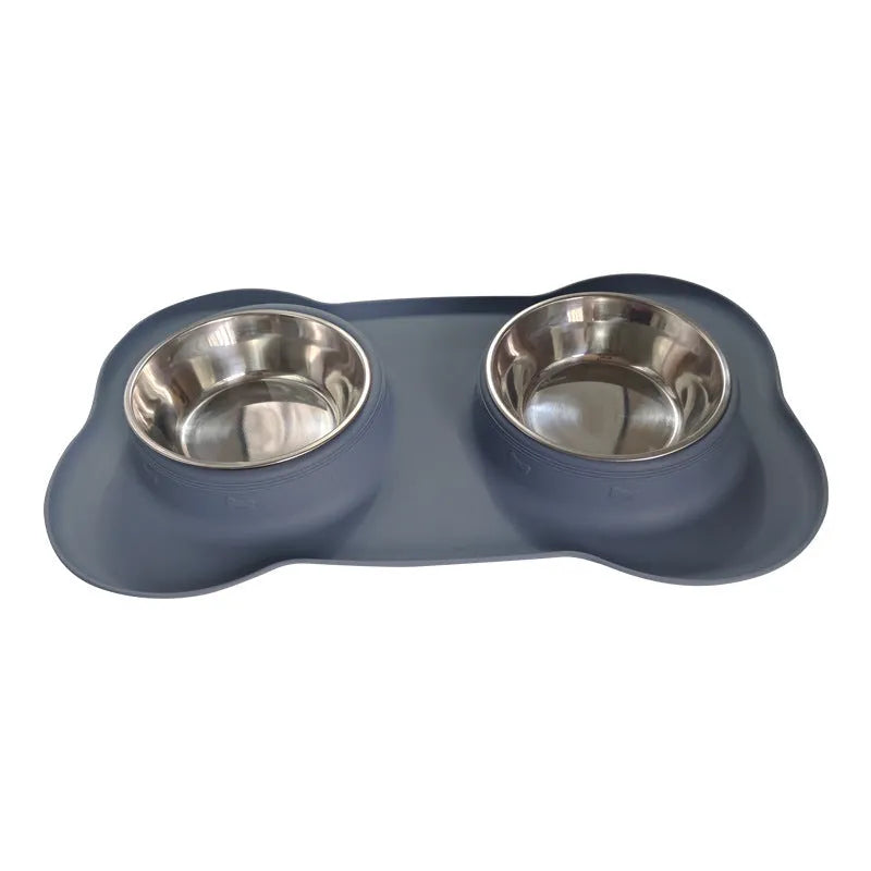Large double dog bowl with stainless steel inserts in a grey silicone tray for two dogs.