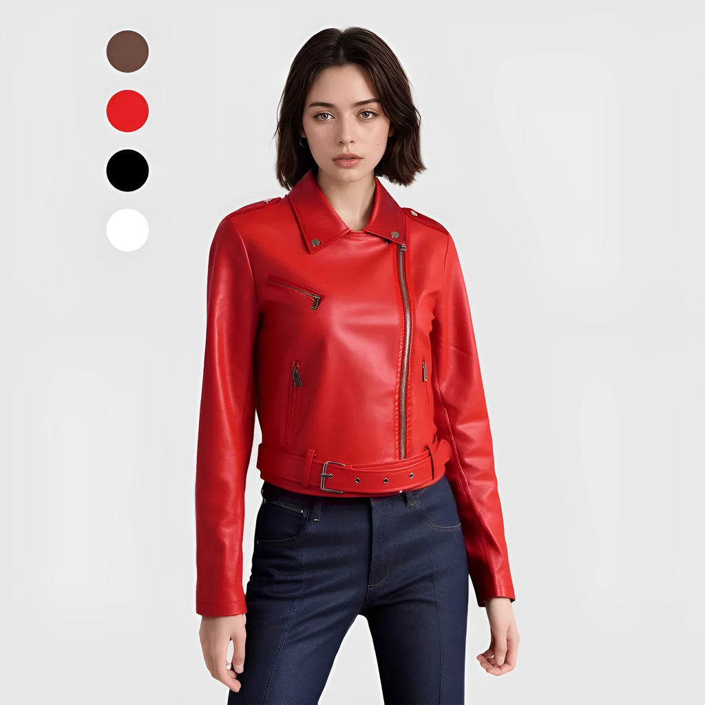 Women's black PU imitation leather motorcycle jacket with short lapel and waist belt