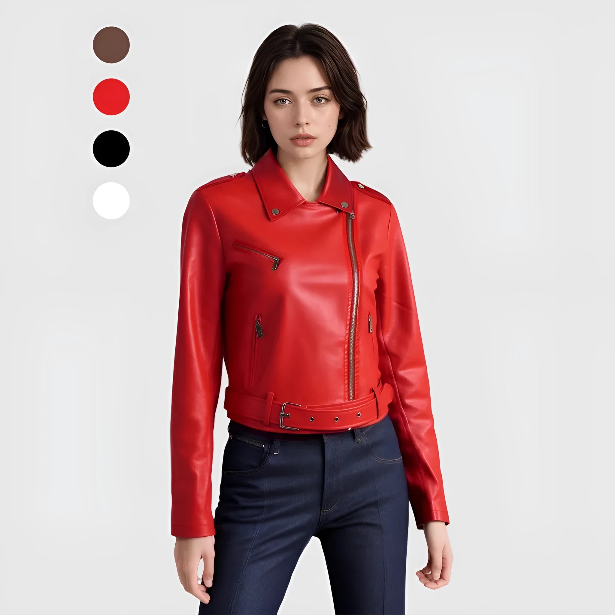 Women's black PU imitation leather motorcycle jacket with short lapel and waist belt