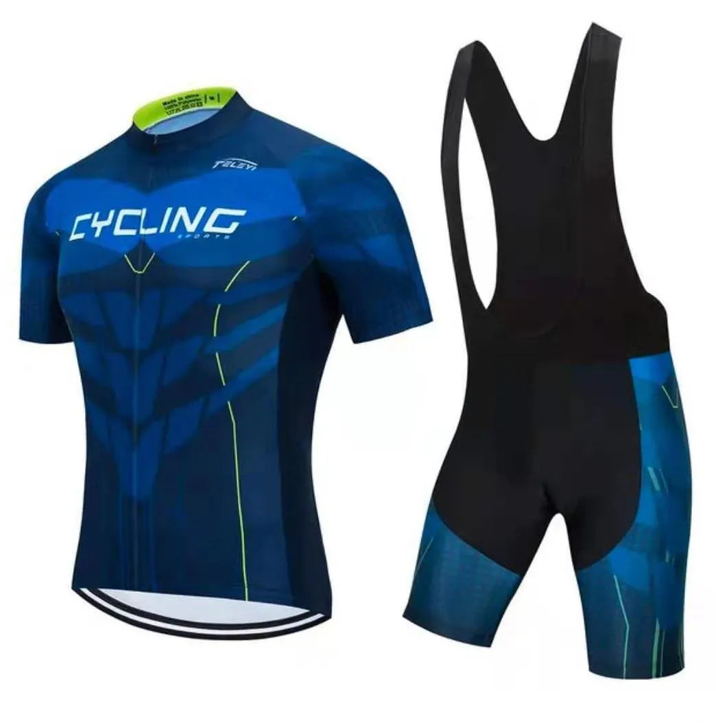 Men's and women's cycling jersey and shorts set in a colour style option, laid flat.
