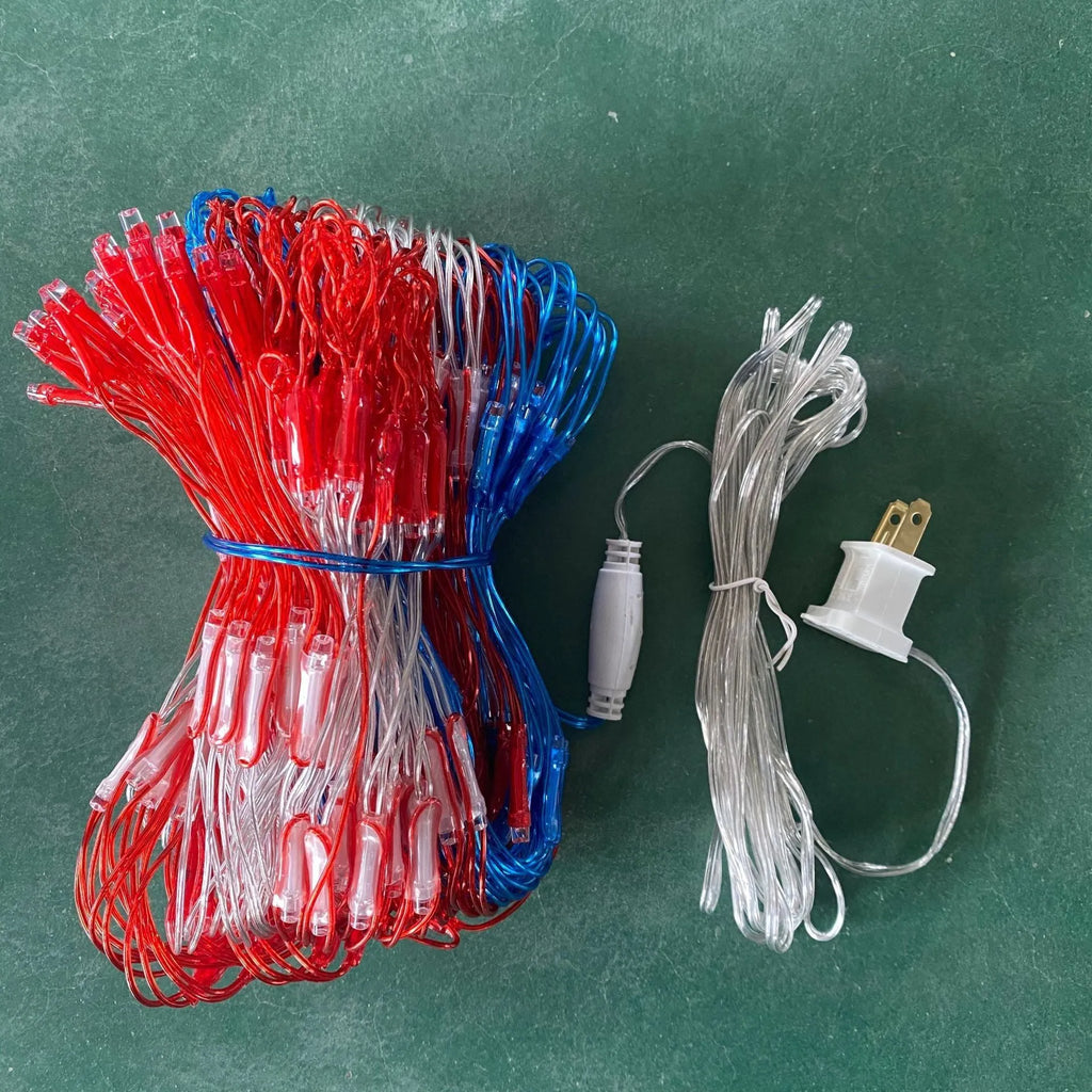 American flag solar net light grid shape red white blue LEDs on dark background
